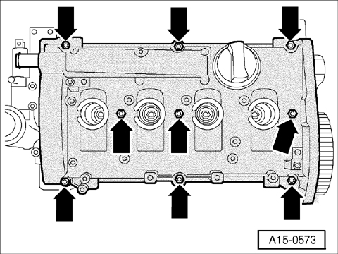 Loosen nuts -arrows- for cylinder head cover and remove cylinder head cover.
15 Engine—Cylinder Head, Valvetrain
page C 15-8