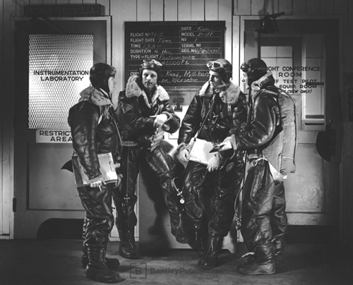 Bill Milliken (far right) and other Boeing Flight Test staff members brief for a B-17 high-altitude test, ca 1942.  Excerpted illustration from Equations of Motion (BentleyPublishers.com watermark not printed on actual product.)