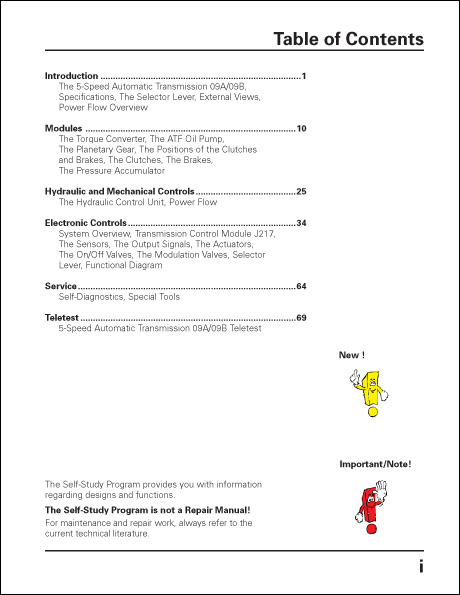 Volkswagen 5-Speed Automatic Transmission 09A/09B Technical Service Training Self-Study Program Table of Contents