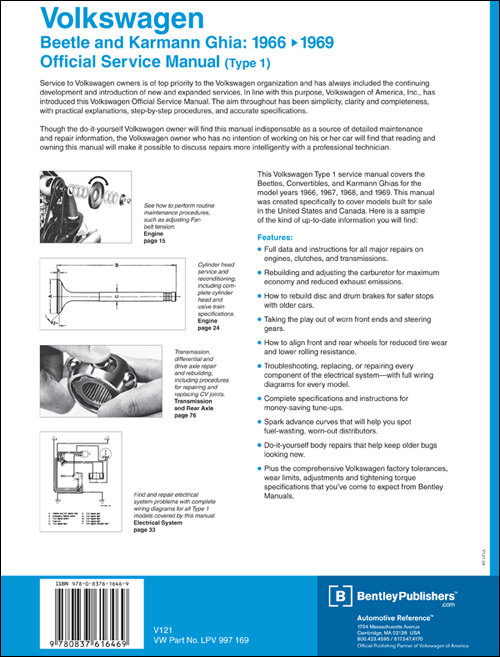 Volkswagen Beetle and Karmann Ghia Service Manual Type 1: 1966-1969 back cover